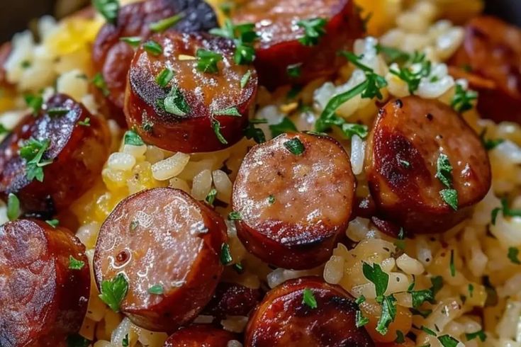 cooked sausages and rice with parsley on top