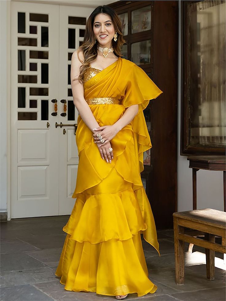 Buy Yellow Organza Ready To Wear Ruffle Saree From Ethnic Plus Sarees Ideas, Haldi Dress Ideas, Ruffled Saree, Haldi Dress, Haldi Outfits, Saree With Belt, Fancy Sarees Party Wear, Gaun Fashion, Sari Dress