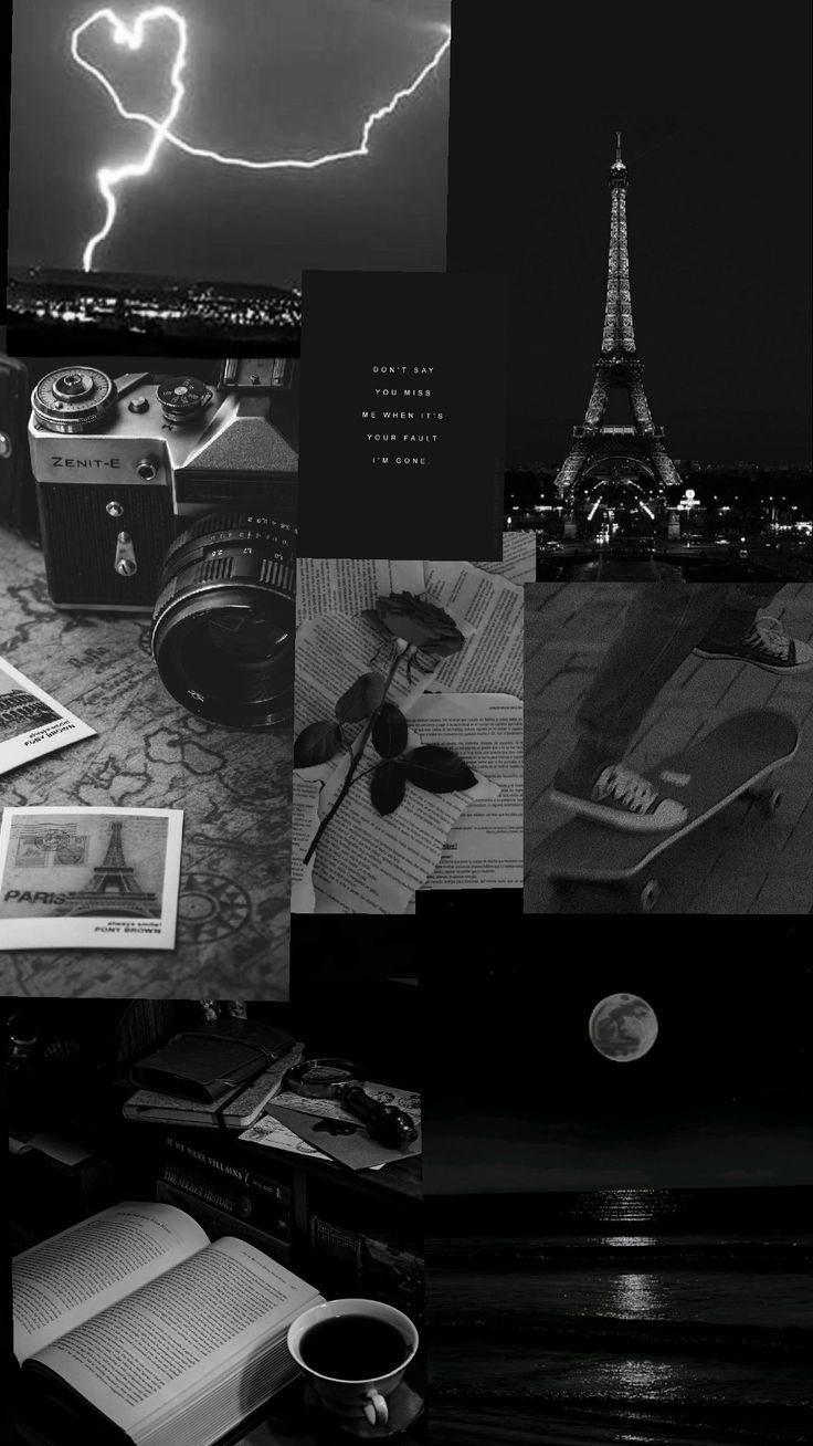 black and white collage with images of the eiffel tower