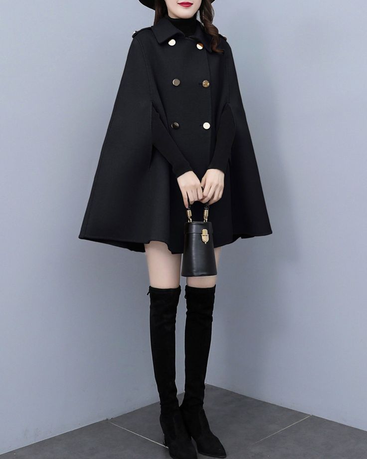 * A cool wool cape coat, very elegant. * With double breasted gold buttons, very beautiful. * If you want black buttons, please let us know, thanks. * Material: out shell - 50% wool, 50% polyester; lining - 100% polyester * Care: dry cleanable * Shop sizing chart FYI ( made according to US sizing. actual body figures, not laying flat clothes measurements) Size XS (US 2, UK 6, German 32, French 34, ) Bust: fits bust around 33.5 inches/85cm Waist: fits waist around 26 inches/66cm Hips: fits hips a Chic Winter Wool Cape Coat, Black Long Sleeve Outerwear With Gold Buttons, Long Sleeve Cape With Buttons For Fall, Black Double-breasted Wool Coat With Buttons, Elegant Winter Long Coat Cape, Elegant Long Coat Cape For Winter, Elegant Long Winter Cape, Evening Long Coat With Buttons, Winter Cape Outerwear With Button Closure