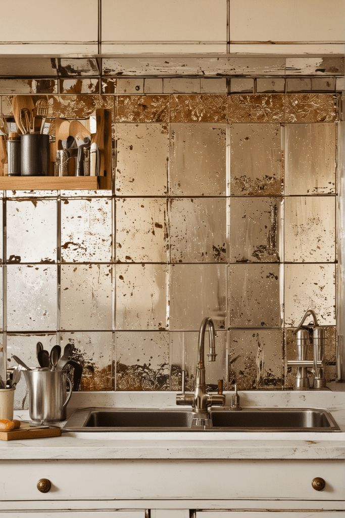 an old kitchen with dirty tiles on the wall and counter tops, including a sink