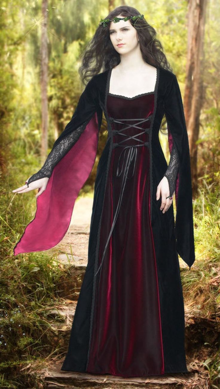 Medieval Style 'Damselle Dress' - Last few CLEARANCEMessage Seller$145.71 Long Sleeve Velvet Halloween Dress, Black Gothic Satin Dress, Long Sleeve Velvet Dress For Halloween, Gothic Satin Dress For Costume Party, Halloween Velvet Party Dress, Velvet Evening Dress For Halloween, Black Satin Gothic Dress, Elegant Satin Corset Dress For Costume, Fitted Medieval Dress For Party