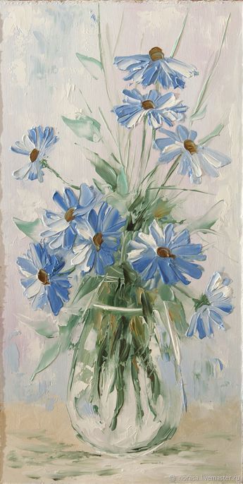 a painting of blue flowers in a glass vase