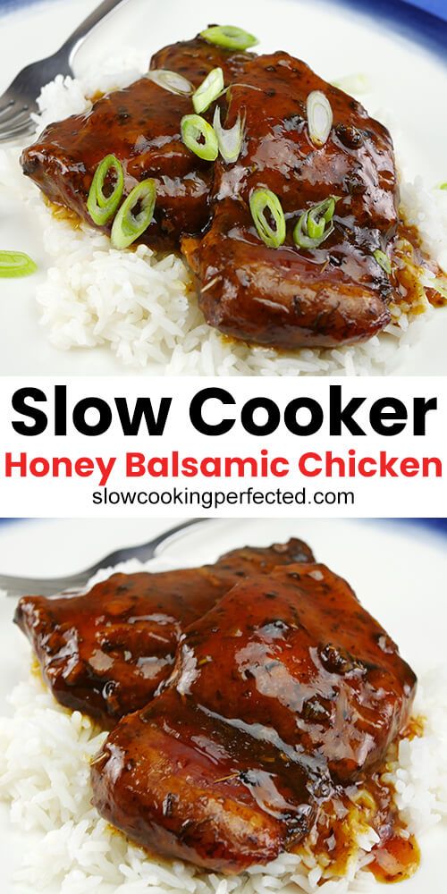 slow cooker honey balsamic chicken on white rice with green onion garnish