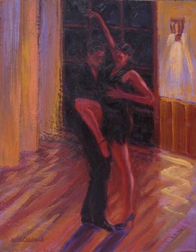 an oil painting of two people dancing in a room with light coming through the window