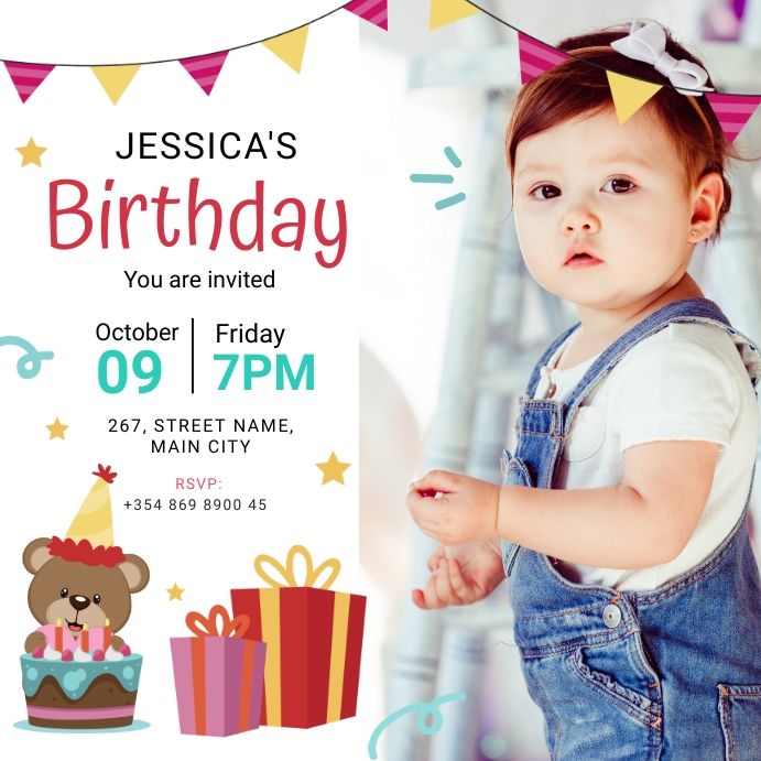 a child's birthday party card with a teddy bear and gift boxes on it