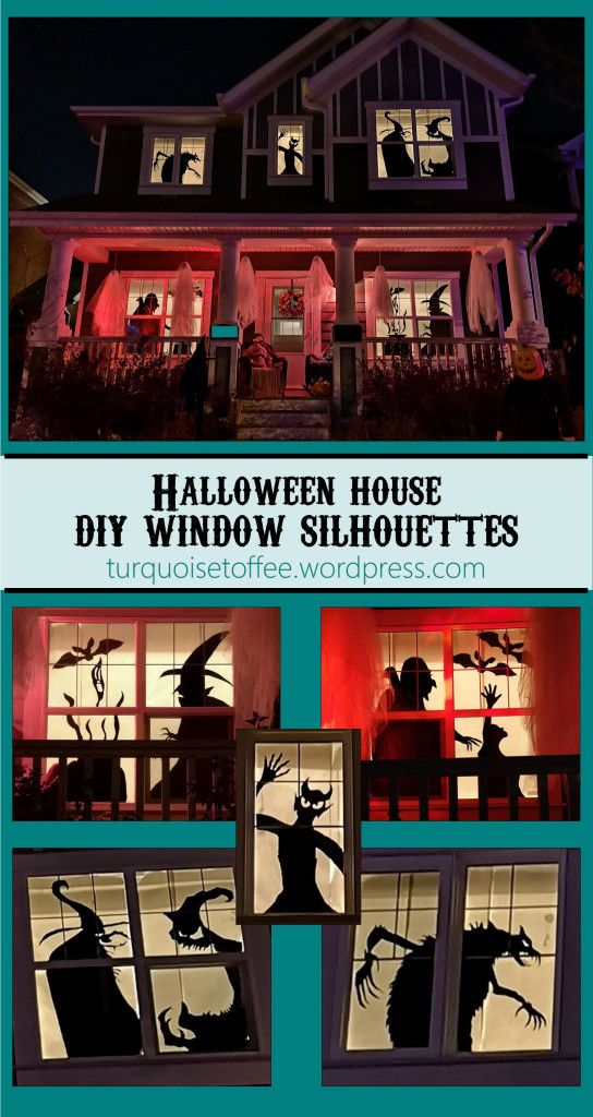 halloween house window silhouettes in front of windows