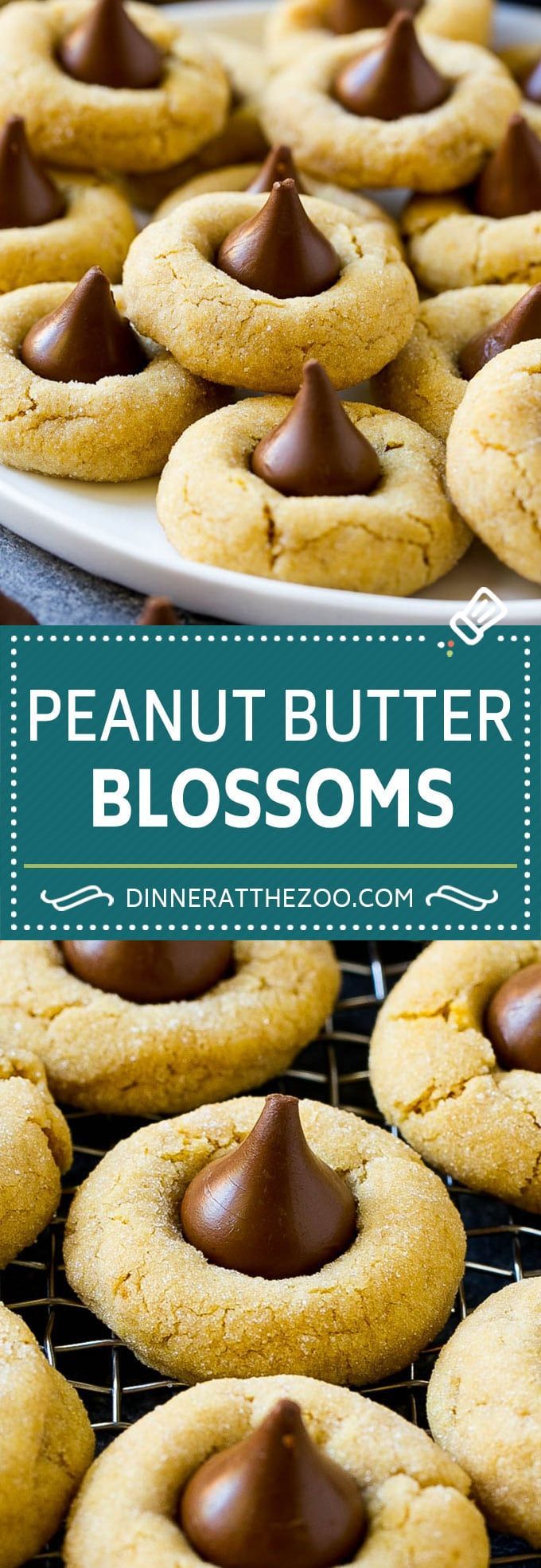 peanut butter blossoms on a cooling rack with chocolate in the middle and text overlay