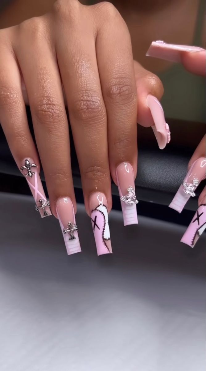 Acrylic Nail Set, Long Acrylic Nail Designs, Colored Acrylic Nails, Girly Acrylic Nails, French Tip Acrylic Nails, French Acrylic Nails, Short Square Acrylic Nails, Long Acrylic Nails Coffin, Acrylic Nails Coffin Pink