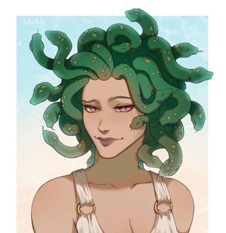 a drawing of a woman with green hair and octopus tentacles on her head, looking to the side