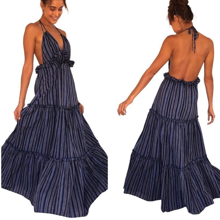 Vacay Babe Navy Blue Striped Halter Maxi Dress The Lulus Vacay Babe Navy Blue Striped Halter Maxi Dress Has Us Dreaming Up Exotic Look. Light And Breezy 100% Cotton Shapes This Woven Dress With A Navy Blue And White Stripe Print And An Adjustable Drawstring Tying Halter Neckline. Triangle Bodice (With A Sultry Open Back) Tops The High, Elasticized Empire Waist, While A Full Maxi Skirt, Punctuated With Ruffled Tiers All The Way Down To The Hem, Falls Below. Fully Lined. Shell: 100% Cotton. Lining Blue Backless Dress With Ruffles, Blue Backless Dresses With Ruffles, Blue Backless Sundress Maxi Dress, Blue Ruffled Maxi Dress For Beach, Blue Lined Halter Neck Dress, Blue Halter Neck Lined Dresses, Blue Bohemian Backless Sundress, Bohemian Blue Backless Sundress, Navy V-neck Vacation Dress