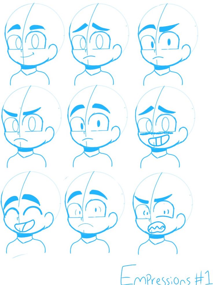 an image of cartoon faces with expressions drawn in blue marker on white paper, set of 6