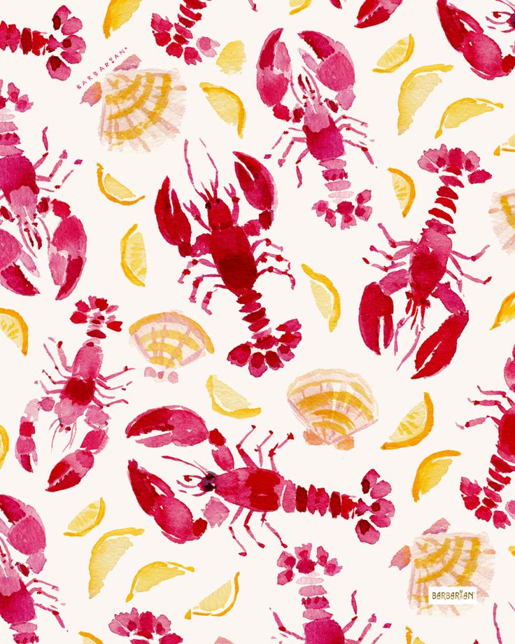 watercolor lobsters and lemon slices on a white background with red, yellow, and pink colors