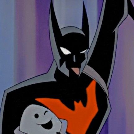 the animated batman character is holding up his arms in front of an evil looking man