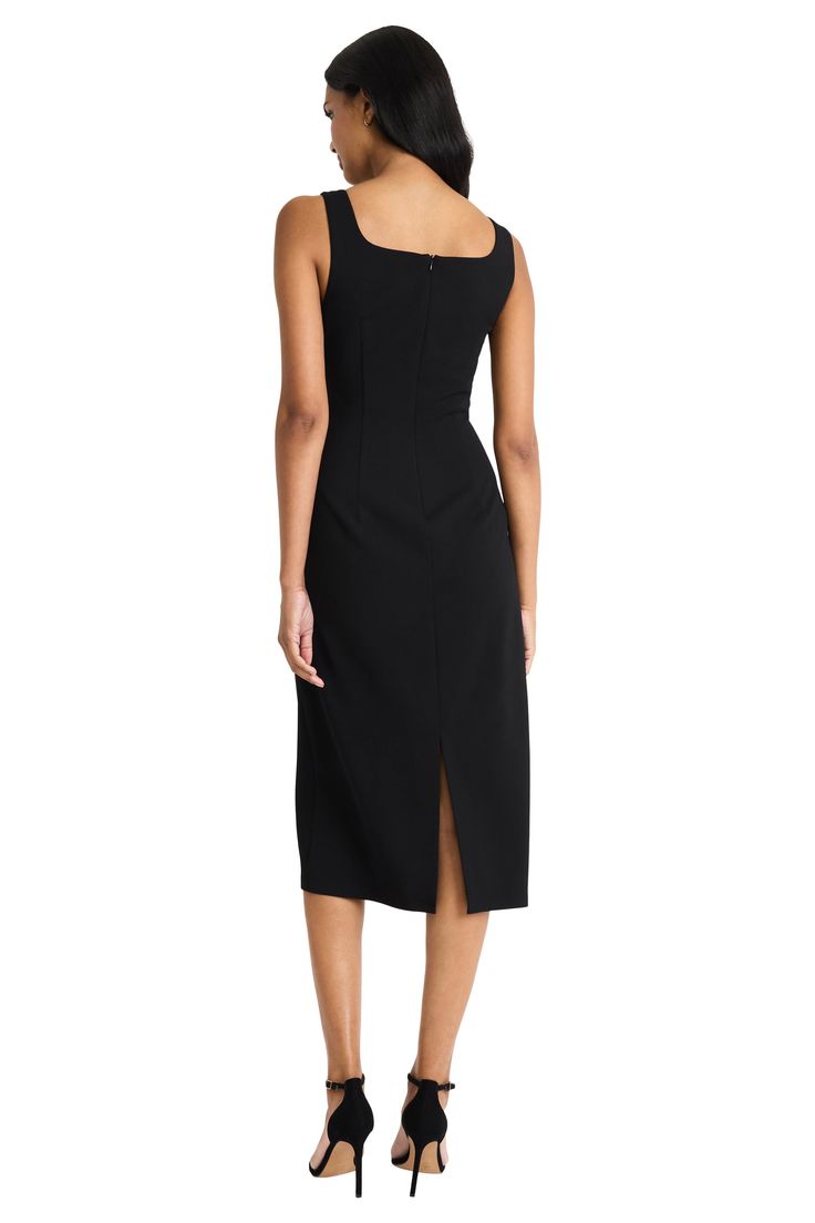 The Angie dress, crafted from sleek and stretchy scuba crepe fabric, offers a sophisticated yet comfortable option. Its versatile style transitions seamlessly from business casual at the office to an evening out with the addition of statement accessories. Elegant Black H-line Dress, Black H-line Party Dress, Fitted H-line Midi Dress For Cocktail, Modern H-line Party Dress, Black H-line Midi Dress For Formal Occasions, Elastane Midi Dress With Straight Neckline For Night Out, Night Out Dress With Straight Neckline In Elastane, Sleeveless Crepe Midi Dress For Formal Events, Sleeveless Crepe Midi Dress For Formal Occasions