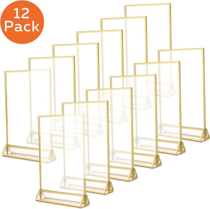 six gold metal and glass display cases with clear shelves for 12x7 inch frames