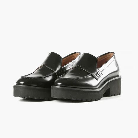 Womens Black Leather Loafers Luxury Calf Leather Platform Loafers With Lug Sole, Luxury Women's Loafers With Lug Sole, Luxury Platform Loafers With Lug Sole And Round Toe, Luxury Chic Platform Loafers With Leather Sole, Luxury Black Loafers With Lug Sole, Luxury Platform Loafers With Lug Sole, Luxury Leather Sole Slip-on Platform Loafers, Luxury Spring Platform Loafers With Lug Sole, Luxury Loafers With Lug Sole