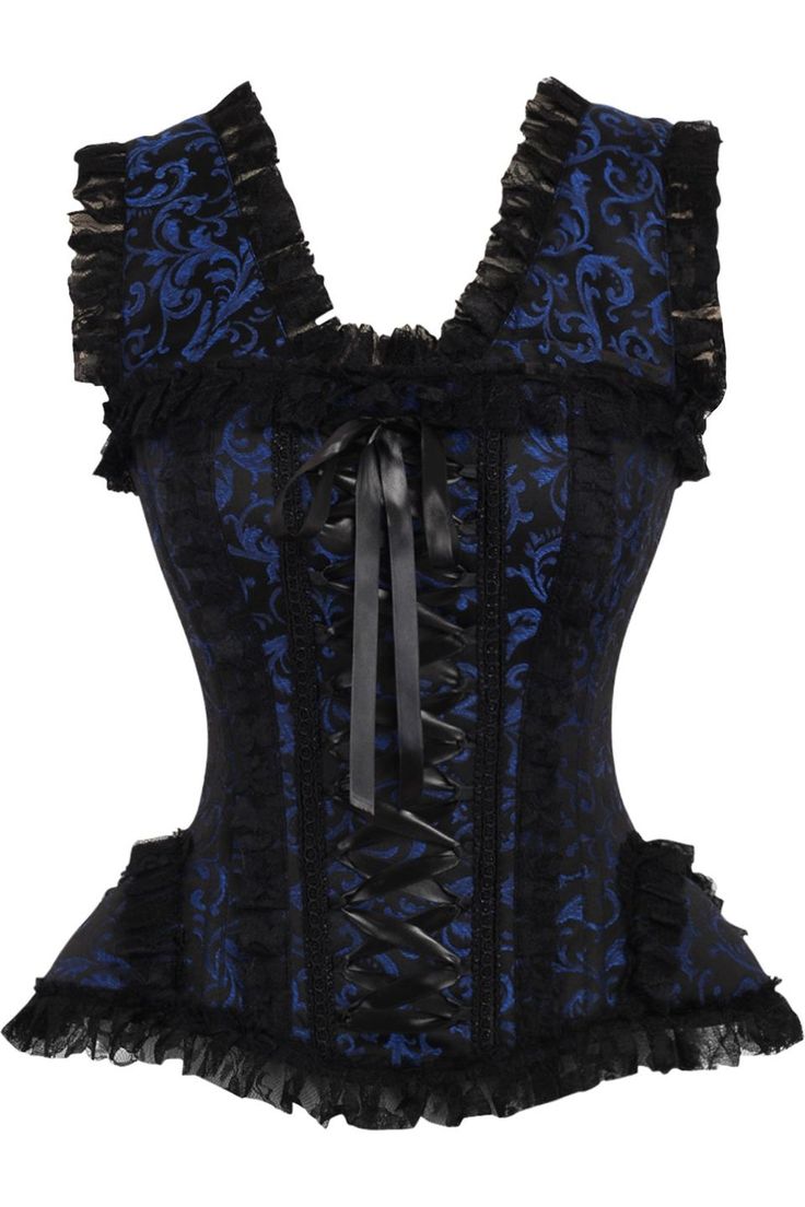 Overbust corset made of high quality brocade and lace fabrics 10 Spiral Steel boned with 2 Flat steel bones Delicate lace detailing Ribbon tie closure at back for cinching Privacy Panel Lined Hand Wash Fitted Lace Corset Belt With Lace Trim, Fitted Corset With Attached Cancan, Blue Overbust Corset Dress For Costume Party, Blue Fitted Underbust Corset Dress, Lace Sleeveless Corset For Costume Party, Fitted Lace Trim Overbust Bodice, Gothic Lace Corset With Corset Back, Fitted Underbust Corset With Lace Trim, Lace Overbust Corset Dress For Costume