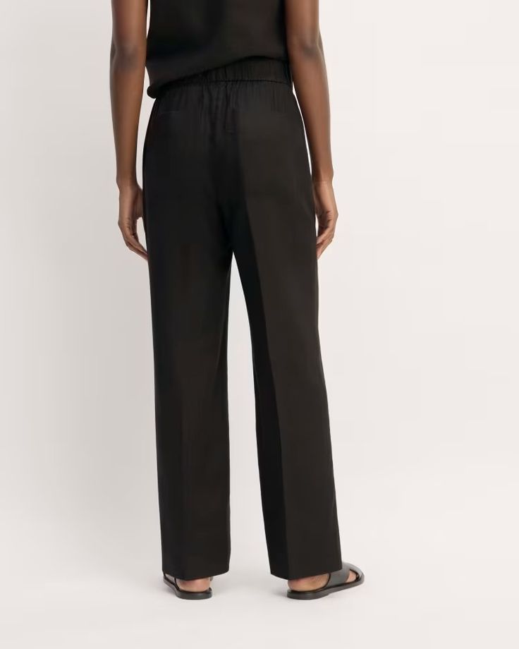 The Linen Easy Pant Black – Everlane Chic Linen Wide Leg Pants With Pull-on Style, Chic Straight Fit Summer Bottoms, Chic Linen Pull-on Pants, Spring Linen Wide Leg Pants With Pull-on Style, Relaxed Straight Hem Bottoms For Workwear, Relaxed Workwear Bottoms With Straight Hem, High-waisted Linen Pants For Daywear, Relaxed Bottoms With Straight Hem For Workwear, Modern Linen Wide Leg Pants For Workwear