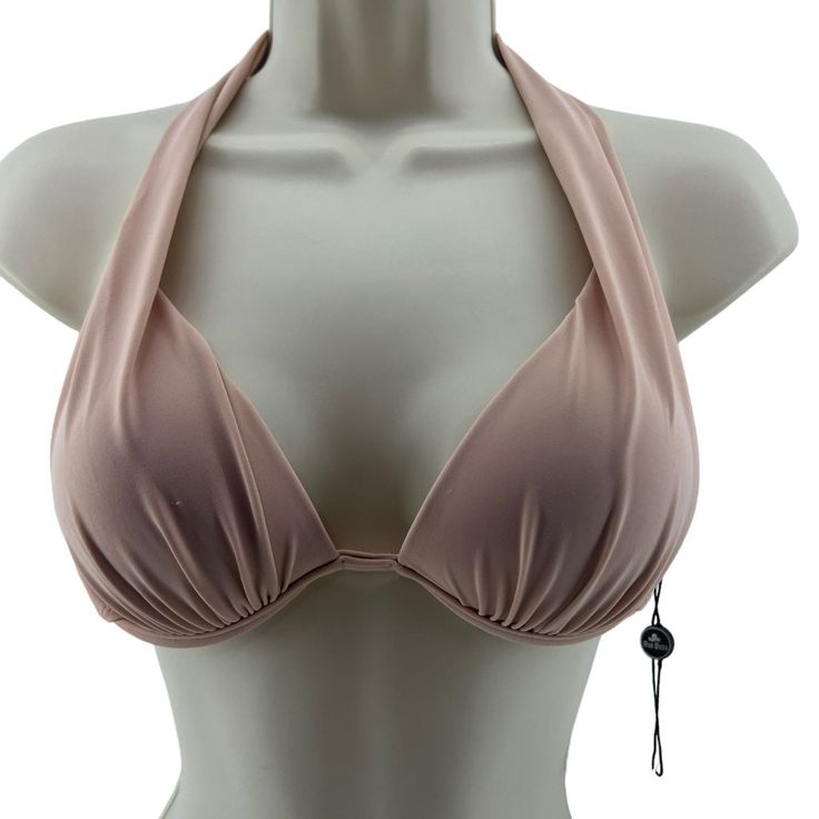 Ree Bees Swimwear Powder Pink Clamshell Bikini Top Tie Womens Size Small -Gorgeous Powder Pink -Underwire -Lined -Tie Halter And Back -Polyamide/Elastane -Small -New Sleeveless Stretch Swimwear With Removable Bra Pads, Stretch Sleeveless Swimwear With Removable Bra Pads, Lined Triangle Top Tankini For Sunbathing, Fitted Triangle Halter Top With Padded Cups, Stretch Halter Top With Padded Cups, Beach Underwire Stretch Bra, Stretch Triangle Halter Top With Padded Cups, Summer Padded Cups T-back Halter Top, Beach Padded Tankini