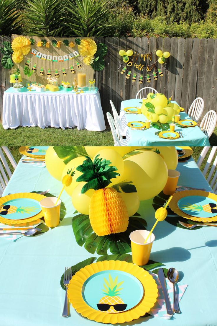 a table set up for a pineapple themed birthday party with yellow and blue decorations