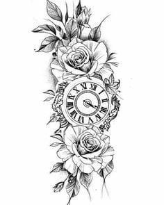 a clock with roses and leaves around it on the side of a sleeve tattoo design