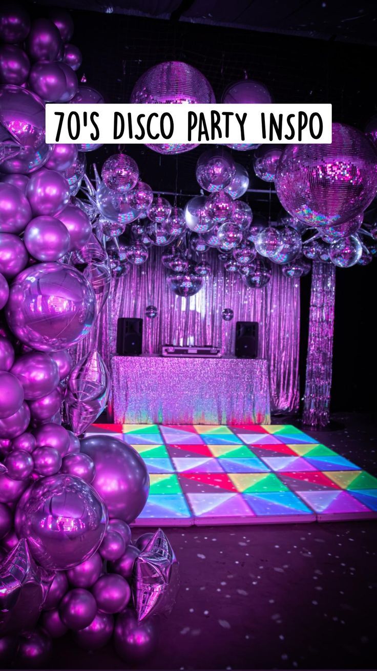 an image of a disco party with purple balloons