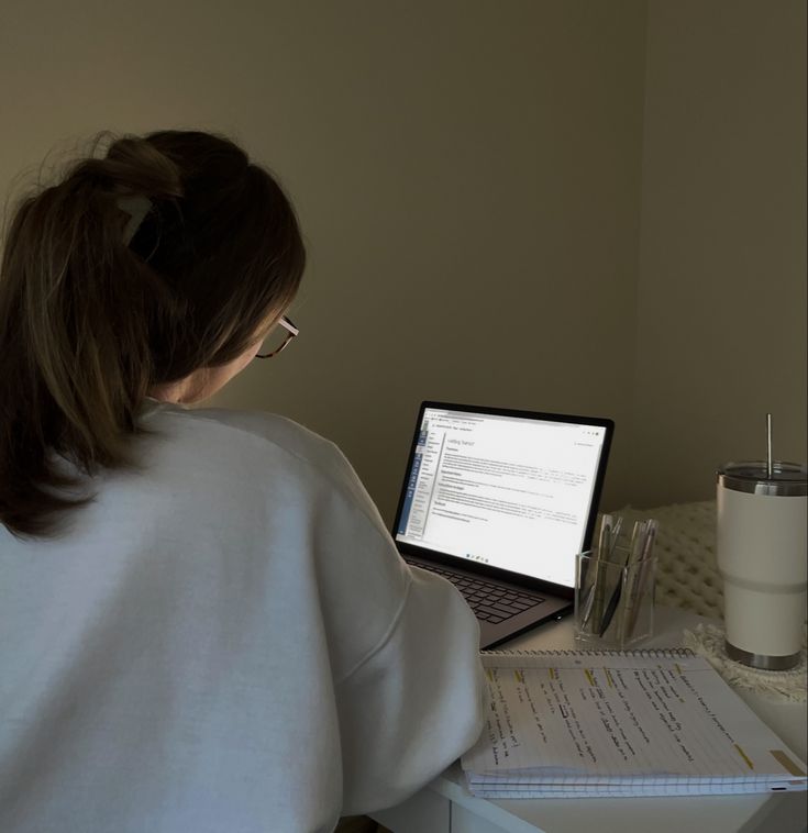 a woman sitting at a desk using a laptop computer