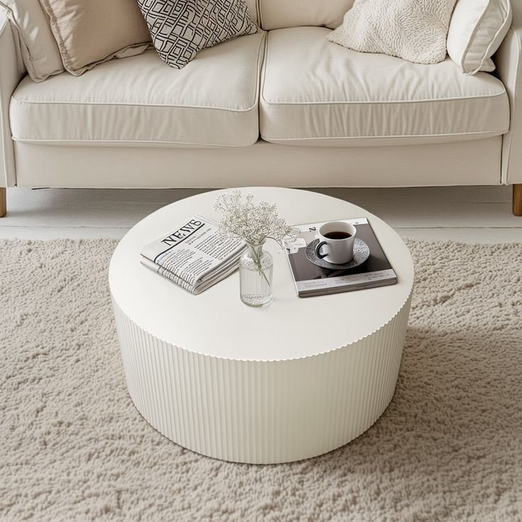 a living room with a white couch, coffee table and books on the rugs