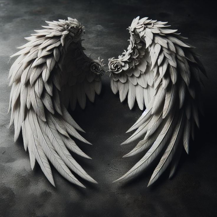 two white angel wings on a black surface with one wing folded back and the other wing open