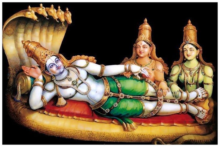 an image of hindu deities on a boat with the moon in the sky behind them