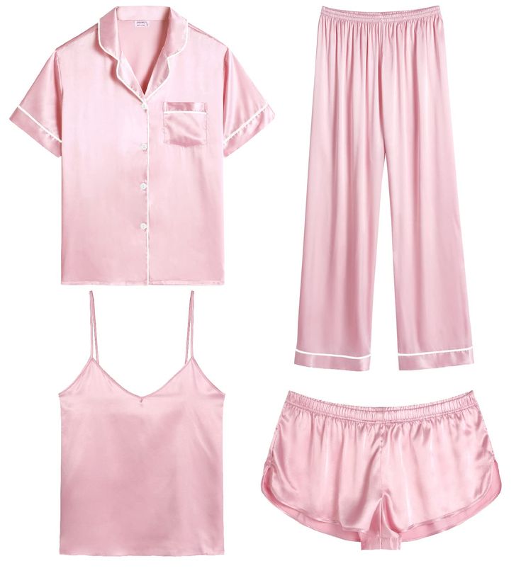 PRICES MAY VARY. 【Premium Material】--- This 4 piece pajama set is made of high-quality satin(95% Polyester, 5% Spandex), which is very soft, lightweight, and comfortable. This lightweight pajama set has a silky texture that will make you feel smooth and shiny, never pilling or fading, and help you sleep well, dreamlike. 【4Pcs Pajama Set】--- Women 4 pcs pjs sets include spaghetti strap cami top, a button-down short sleeve sleepshirt, a pair of shorts, a pair of long pants. This four-piece sets fo Silk Sleepwear Pajamas, Cute Pyjama, Nightwear Fashion, Cosplay For Women, Pijamas Women, Satin Pjs, Pyjama Satin, Satin Sleepwear, Silk Sleepwear