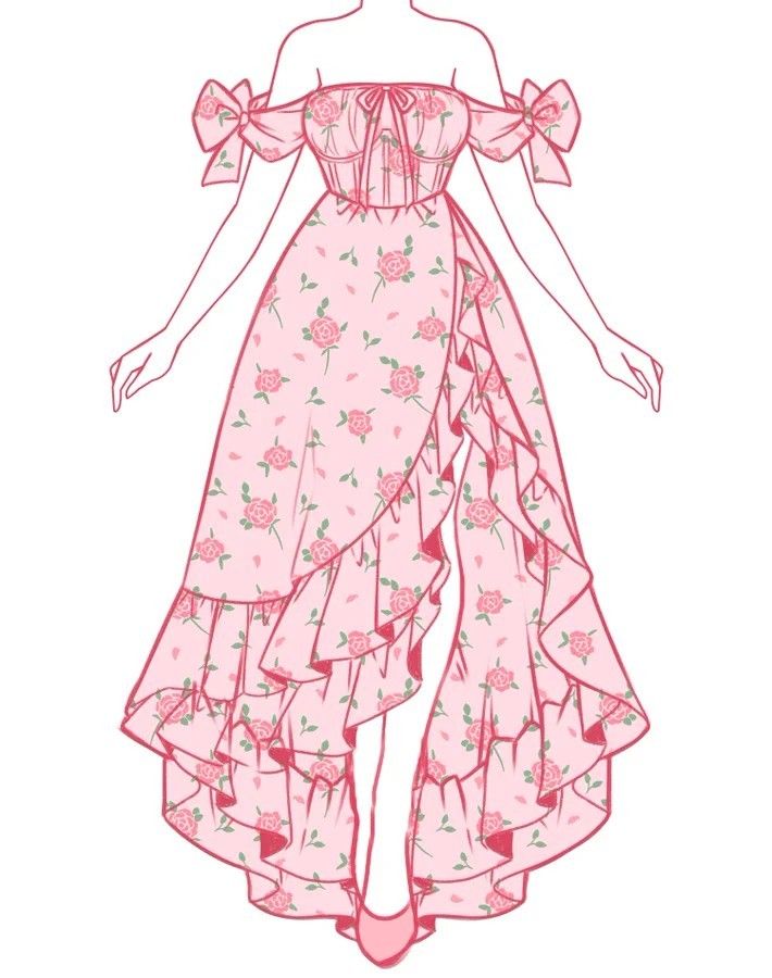 a drawing of a woman in a pink dress with flowers on it's skirt