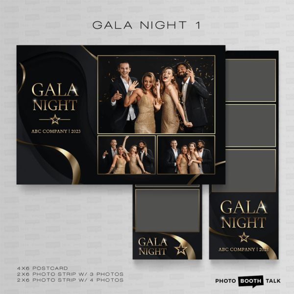 the gala night flyer is shown in black and gold, with three photos on it