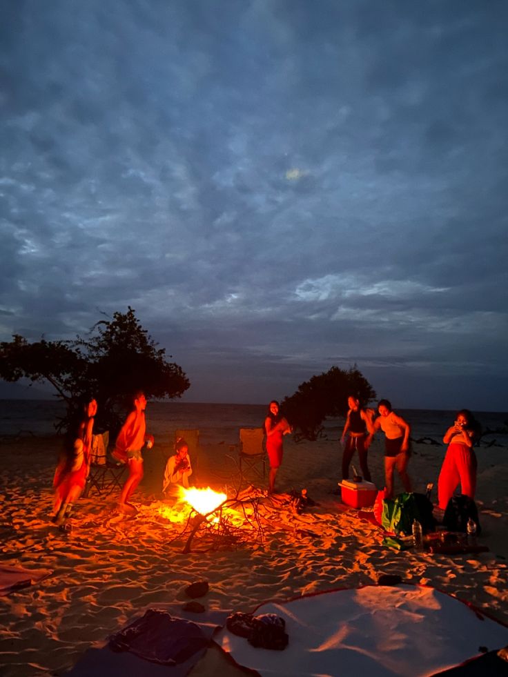 a group of people standing around a fire on top of a sandy beach next to the ocean