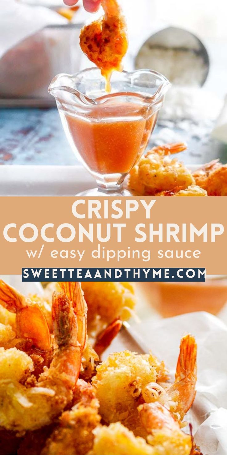 coconut shrimp and dipping sauce in a glass bowl on top of a white plate with text overlay that reads, coconut shrimp and dipping sauce