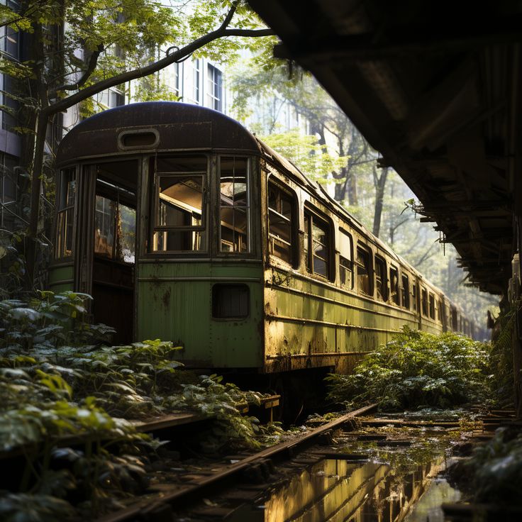 an old abandoned train car sitting in the woods