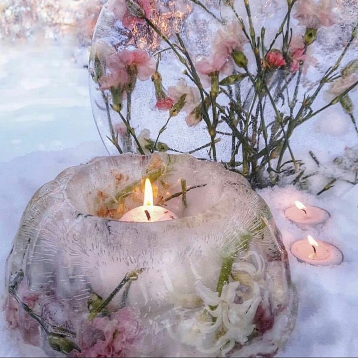 some flowers and candles sitting in the snow next to each other with frost on them