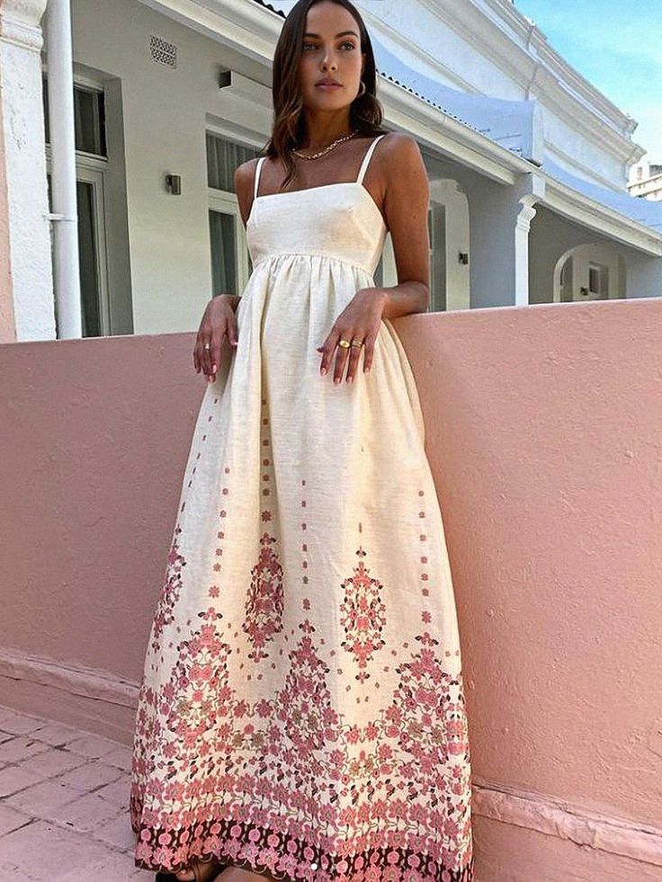 Floral Print Spaghetti Strap Long Dress Coco Lola, Cream Maxi Dress, Long Linen Dress, Spaghetti Strap Maxi Dress, Mini Robes, Printed Long Dresses, Sling Dress, Linen Maxi Dress, Loose Outfit