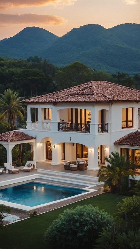 a large white house with a pool in the front yard and mountains in the background