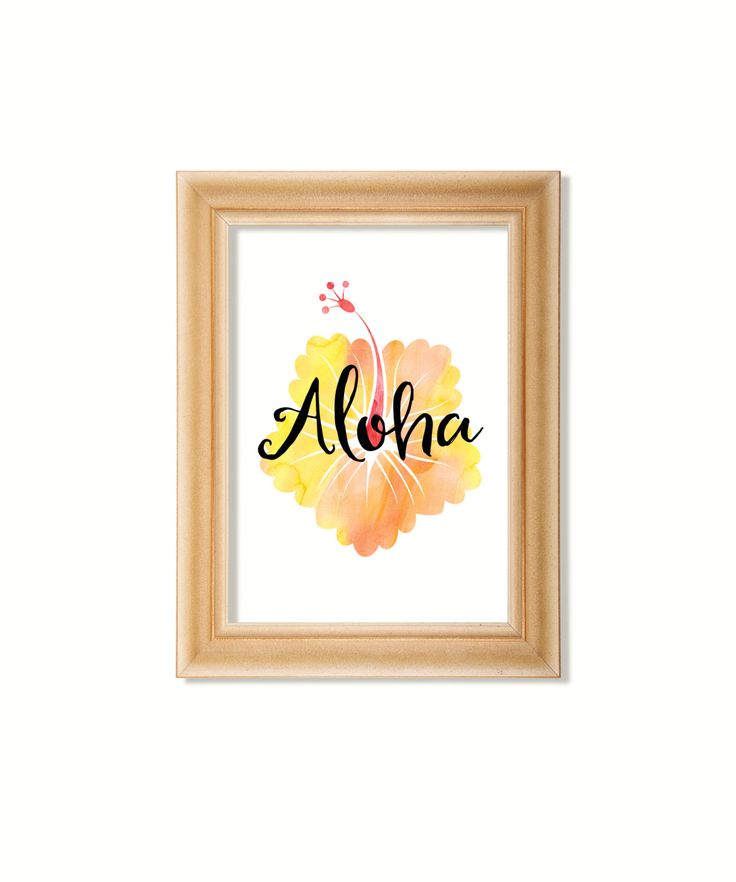 the word aloha is painted in watercolor and framed on a white wall