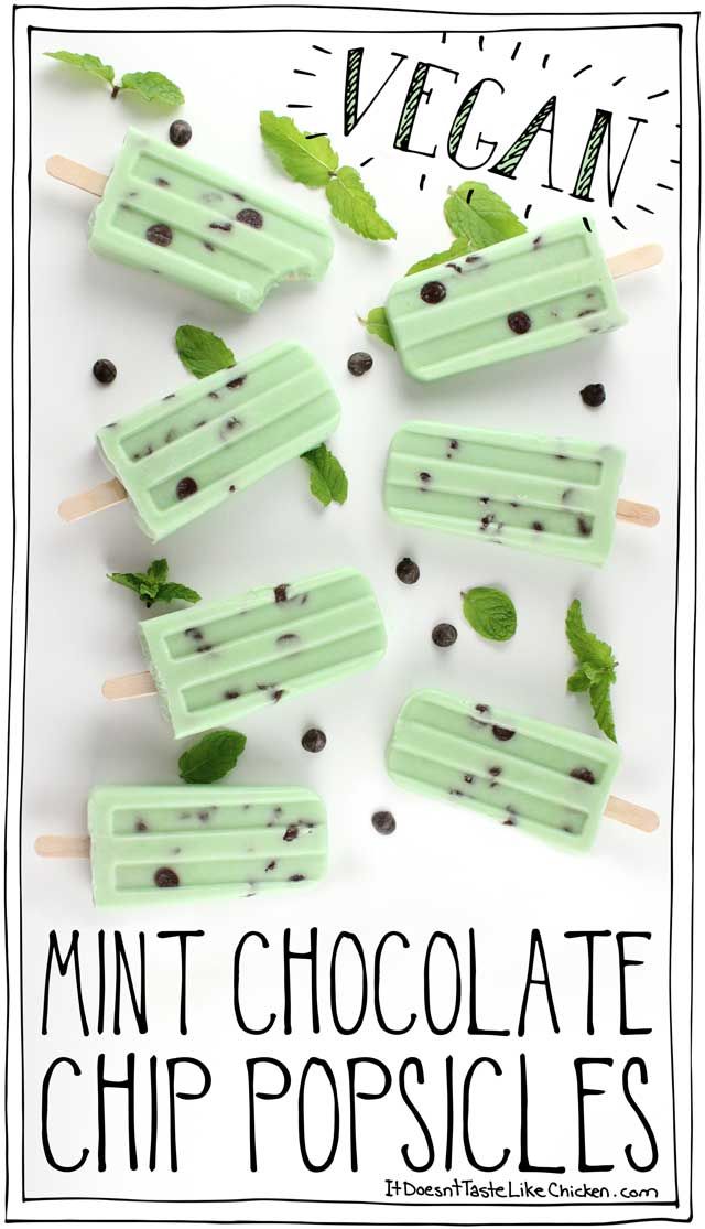 mint chocolate chip popsicles on a white background with text overlay that says vegan