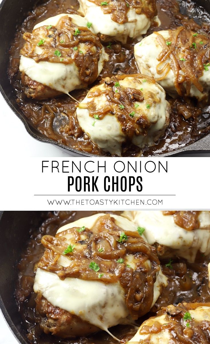 french onion pork chops in a cast iron skillet