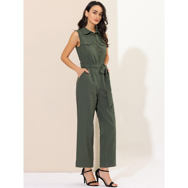 Looking cool is an easy job when you're wearing this sleeveless jumpsuit. Check off the summer trend with this khaki jumpsuit, which is cut from comfy woven cotton and fitted with slant pocket. This button up jumpsuit brings modern charm with its defining waist tie. Working nine to five just got a little more fun with this elastic back jumpsuit. Sleeveless Khaki Jumpsuits And Rompers For Summer, Sleeveless Khaki Jumpsuits And Rompers For Spring, Sleeveless Khaki Jumpsuit With Pockets, Green Sleeveless Solid Color Overalls, Green Sleeveless Overalls, Khaki Sleeveless Jumpsuits For Work, Sleeveless Green Overalls, Sleeveless Khaki Jumpsuits For Work, Casual Sleeveless Jumpsuits And Rompers For Work