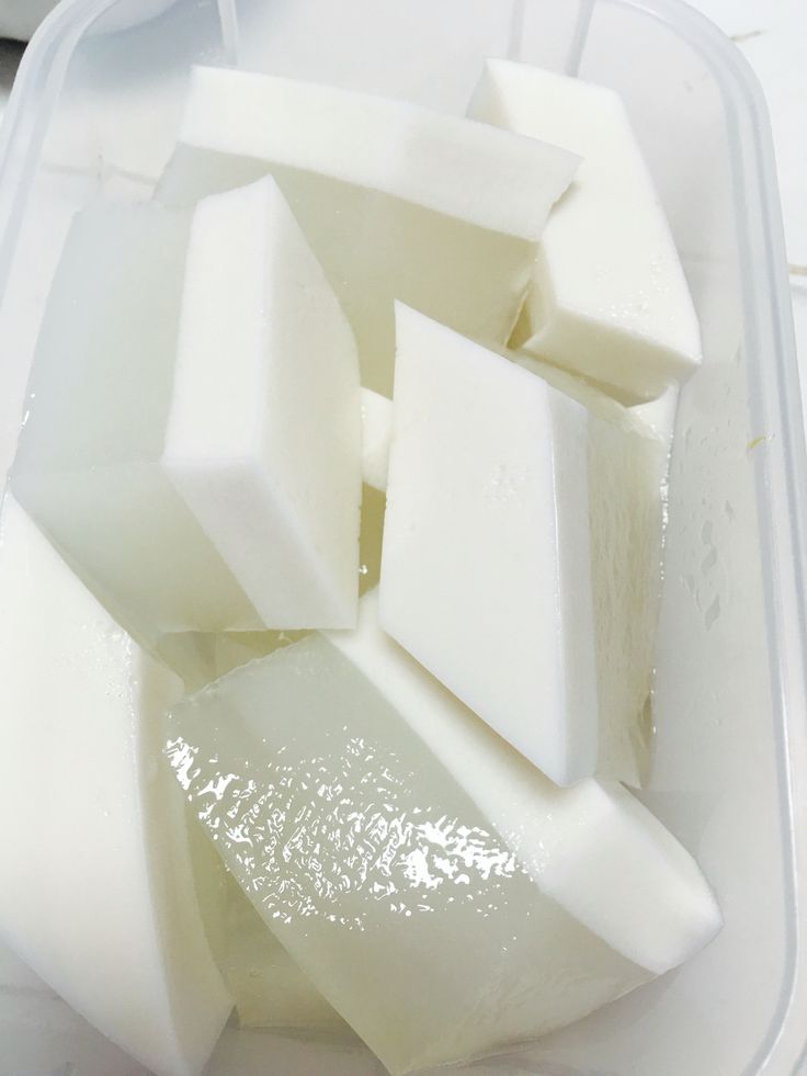 cubes of white food in a plastic container