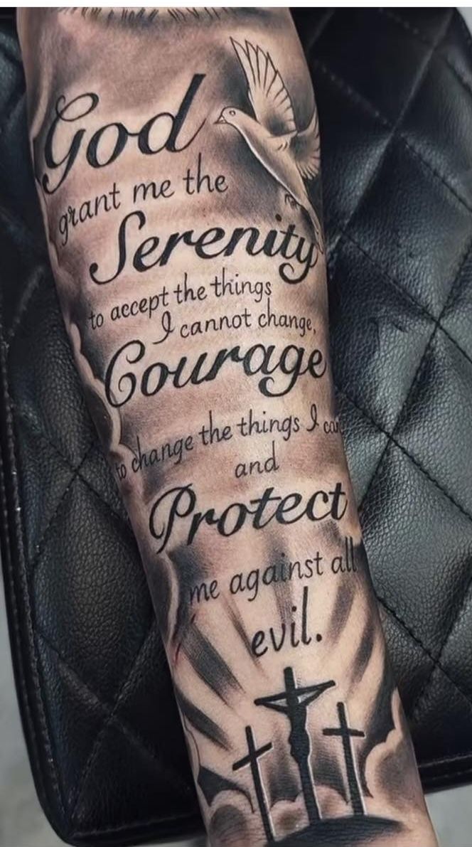 a man's arm with tattoos on it that says, god grant me the serenity