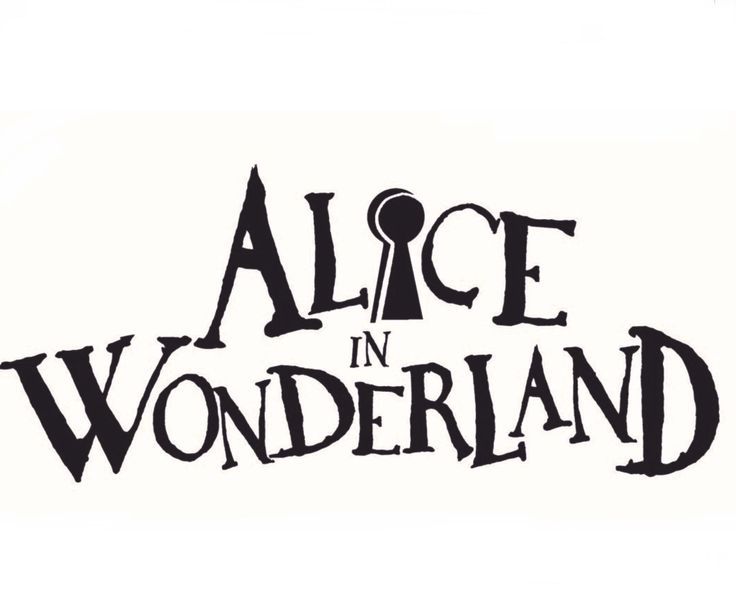 the logo for alice in wonderland, written on a white background with black lettering and an image of a clock tower