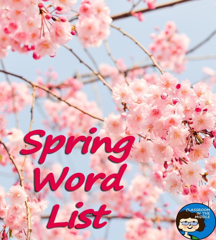 the words spring word list are in front of some pink blossoming trees and blue sky