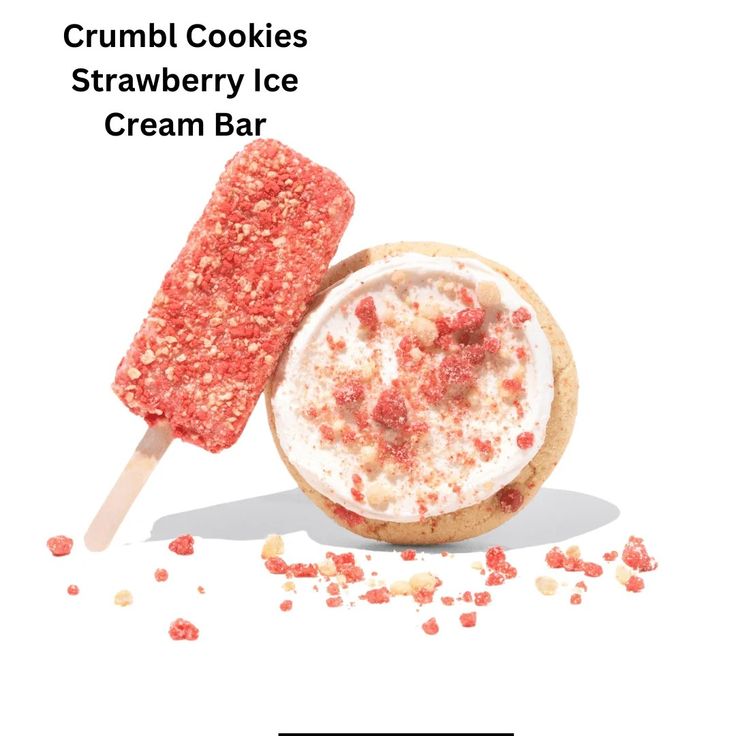 an ice cream bar with crumbled cookies on it and the text,'crumbl cookies strawberry ice cream bar '