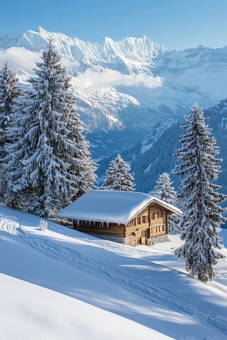 a cabin in the middle of a snowy mountain range surrounded by pine trees and snow covered mountains